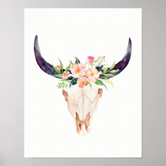 Watercolor Bull Skull med Rosa Flowers Poster (Framsidan)