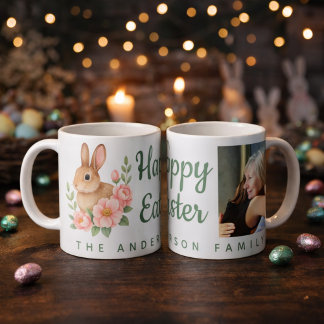 Watercolor Bunnt and Pink Floral Wreath Easter Kaffemugg