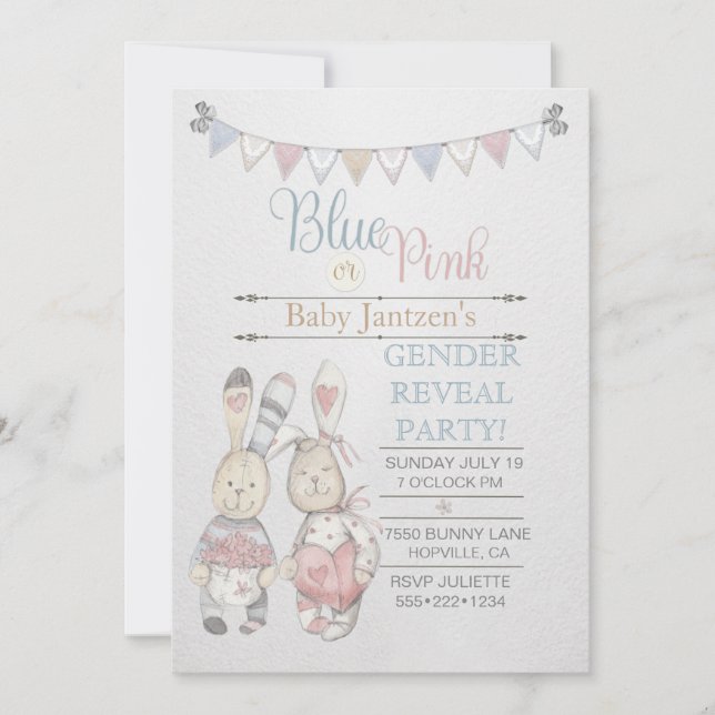 Watercolor Bunny Baby Gender Reveal Inbjudningar (Framsida)