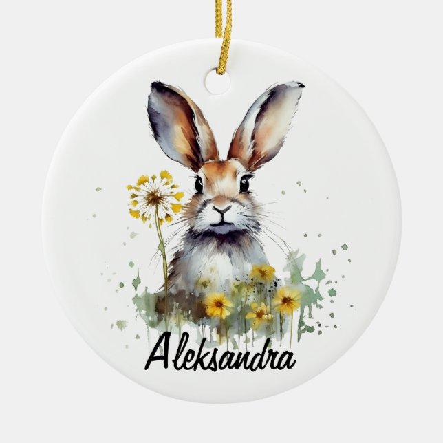 Watercolor Bunny Dandelion Ceramic Circle Ornament (Framsidan)