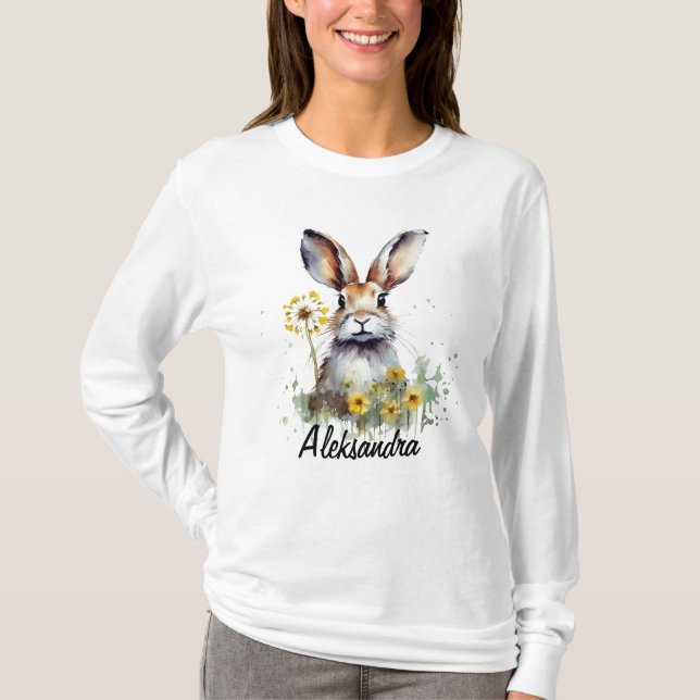 Watercolor Bunny Dandelion Långärmad T-Shirt (Framsida)