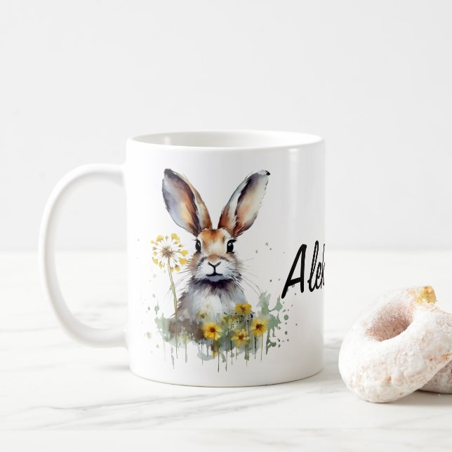 Watercolor Bunny Dandelion Personlig mugg (Med munk)
