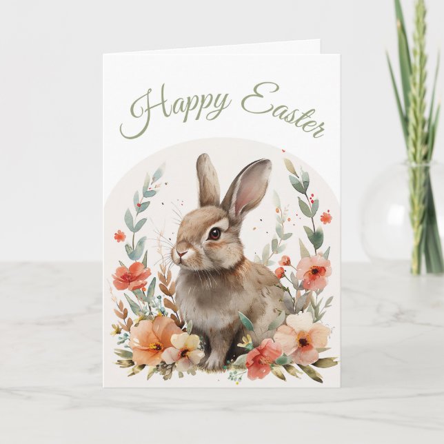 Watercolor Bunny Happy Easter Greeting Helgkort (Framsida)