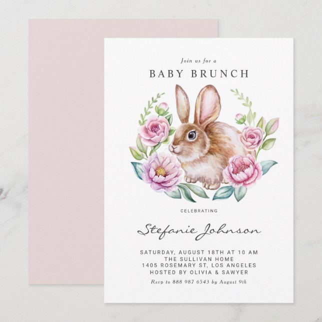Watercolor Bunny och Rosa Flowers Baby Brunch Inbjudningar (Fram/baksida)