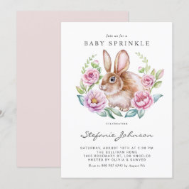 Watercolor Bunny och Rosa Flowers Baby Sprinkle Inbjudningar