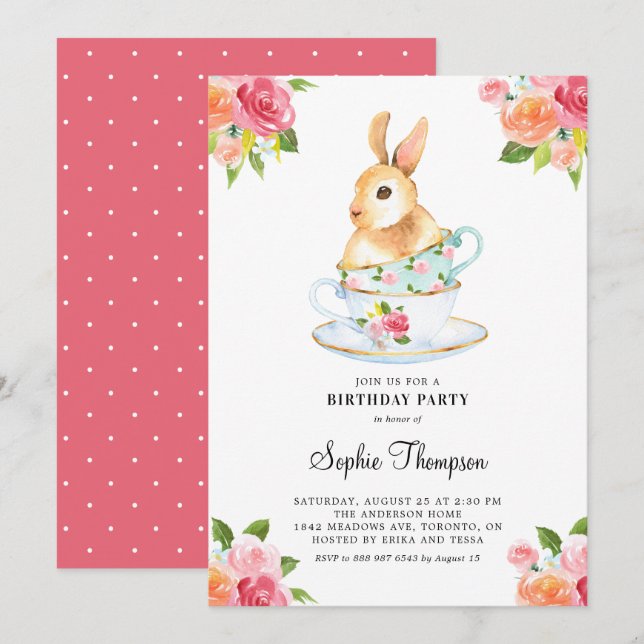 Watercolor Bunny på Tekopp Birthday Tea Party Inbjudningar (Fram/baksida)