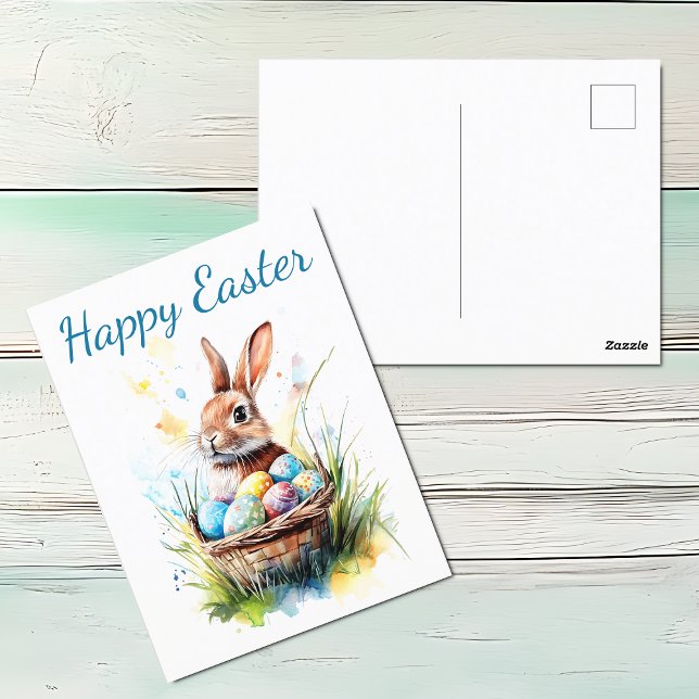 Watercolor Bunny & Påsk Basket Helg Vykort (Watercolor Happy Easter Postcard featuring bunny, Easter basket full of Easter eggs. )