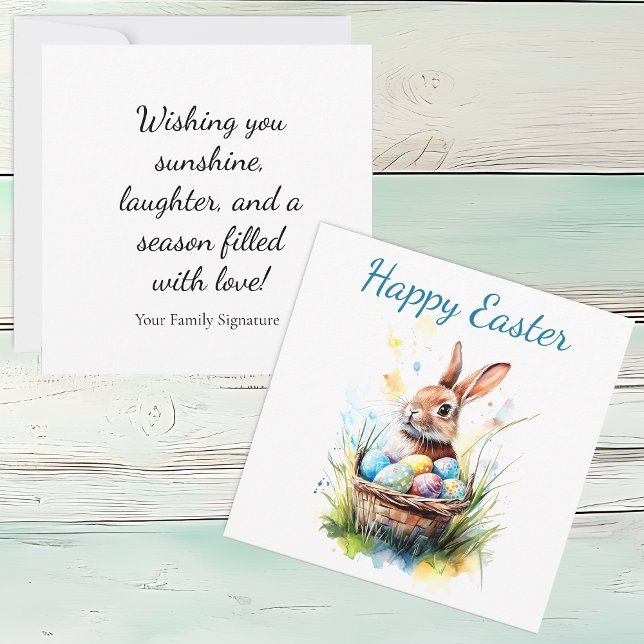 Watercolor Bunny & Påsk Basket Kort (Bunny with Easter Basket Square Flat Greeting Card)