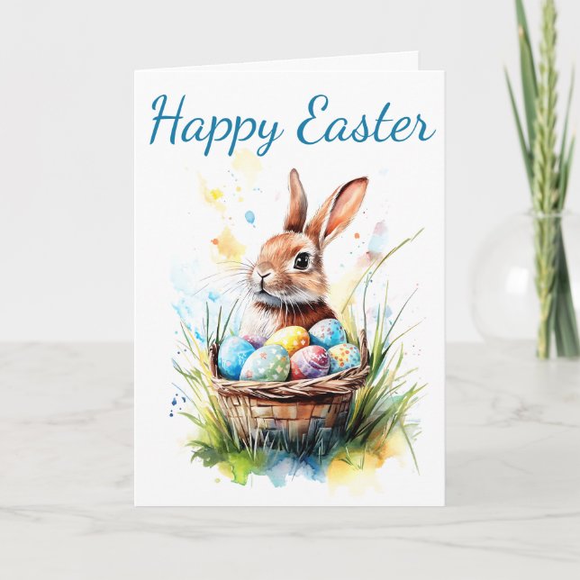 Watercolor Bunny & Påsk Basket Kort (Framsida)