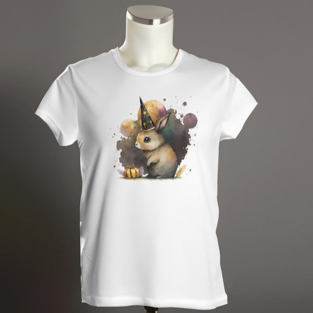 Watercolor Bunny Rabbit Halloween T Shirt (Halloween Bunny with a witch hat)
