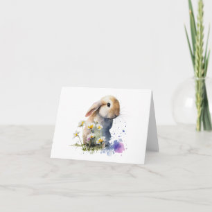 Watercolor Bunny Rabbit i Fält i Flowers BLANK Kort