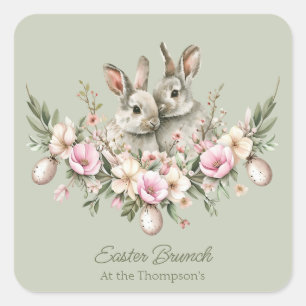 Watercolor Bunny Rabbits Blommigt Påsk Brunch Egg Fyrkantigt Klistermärke
