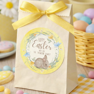 Watercolor Bunny Spring Wildflowers Happy Easter Runt Klistermärke