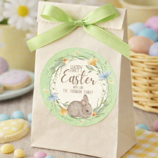 Watercolor Bunny Spring Wildflowers Happy Easter  Runt Klistermärke