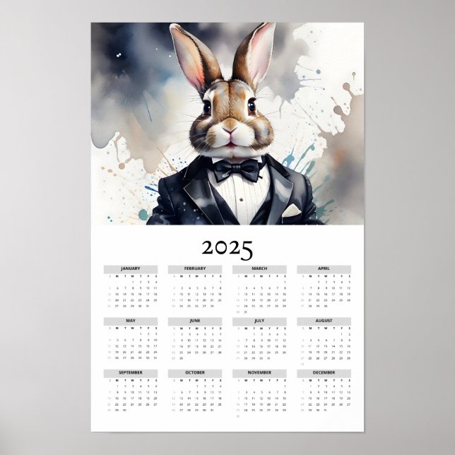 Watercolor Bunny Tuxedo Bow Tie 2025 Wall Calendar Poster (Framsidan)