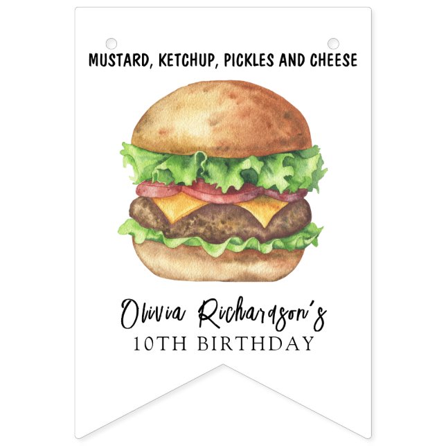 Watercolor Burger Party Birthday Vimplar (Första flaggan)