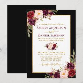 Watercolor Burgundy Blommigt Black Guld Bröllop Inbjudningar