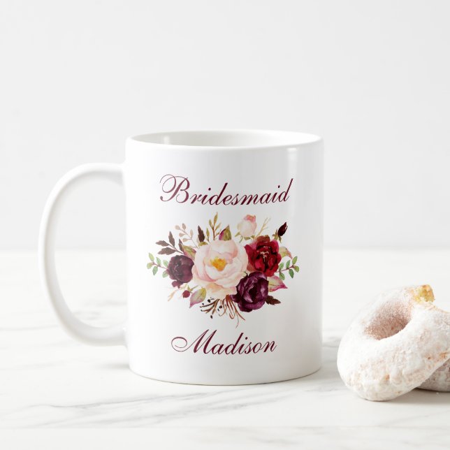 Watercolor Burgundy Blommigt Bridesmaid Namn Kaffemugg (Med munk)