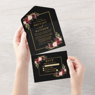 Watercolor Burgundy Blommigt Bröllop Guld Black