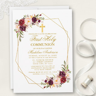 Watercolor Burgundy Blommigt Geo Ram Communion Inbjudningar