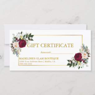 Watercolor Burgundy Blommigt Gift Certificate Guld