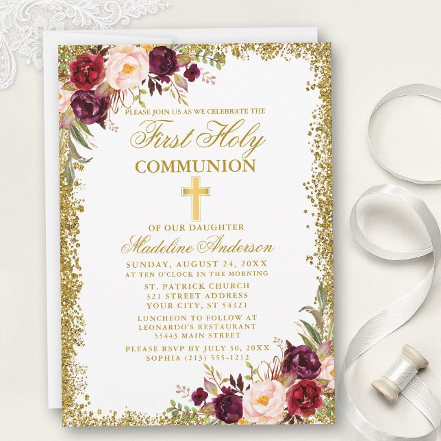 Watercolor Burgundy Blommigt Glitter First Communi Inbjudningar (Customize to change text size, color, style or to add more text and photos to back of card.)