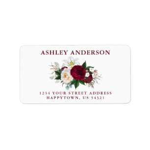 Watercolor Burgundy Blommigt Greenery Adress Adressetikett