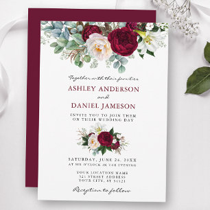 Watercolor Burgundy Blommigt Greenery Bröllop B Inbjudningar
