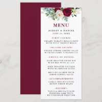 Watercolor Burgundy Blommigt Greenery Bröllop Menu