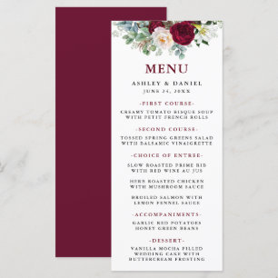 Watercolor Burgundy Blommigt Greenery Bröllop Menu Meny