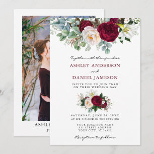Watercolor Burgundy Blommigt Greenery Photo Bröllo Inbjudningar