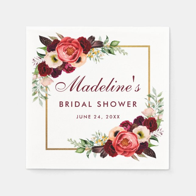 Watercolor Burgundy Blommigt Guld Boho Möhippa Pappersservett (Framsidan)