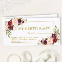 Watercolor Burgundy Blommigt Guld Gift Certificate