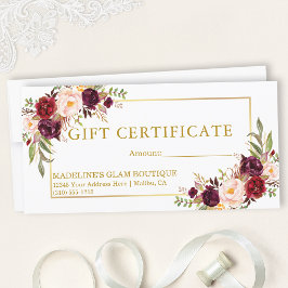 Watercolor Burgundy Blommigt Guld Gift Certificate