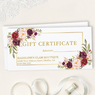 Watercolor Burgundy Blommigt Guld Gift Certificate