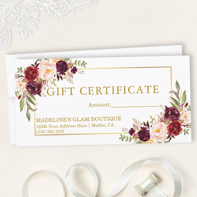 Watercolor Burgundy Blommigt Guld Gift Certificate (Customize to change text size, style, color or to add text to back of certificate.)