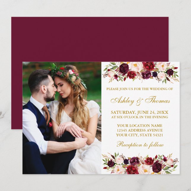 Watercolor Burgundy Blommigt Guld Photo Bröllop Inbjudningar (Fram/baksida)