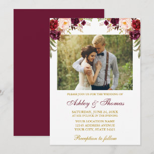 Watercolor Burgundy Blommigt Guld Photo Bröllop Inbjudningar
