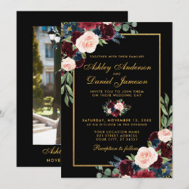 Watercolor Burgundy Blommigt Guld Photo Bröllop Inbjudningar
