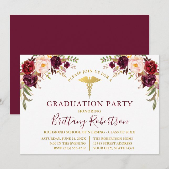 Watercolor Burgundy Blommigt Medical Grad Party Inbjudningar (Fram/baksida)