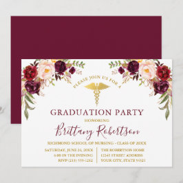 Watercolor Burgundy Blommigt Medical Grad Party Inbjudningar