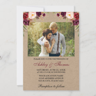 Watercolor Burgundy Blommigt Photo Kraft Bröllop Inbjudningar