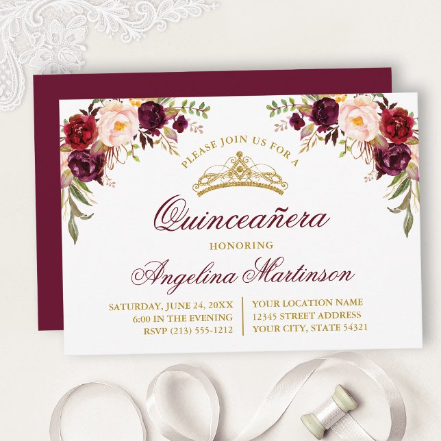 Watercolor Burgundy Blommigt Quinceanera Party Inbjudningar (Customize to change text size, color, text style or color of back of card.)