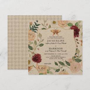 Watercolor Burgundy Blommigt Ro Butterfly Kraft Inbjudningar