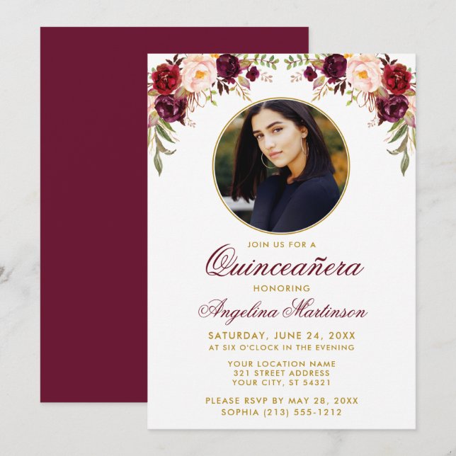 Watercolor Burgundy Blommigt Round Ram Quinceanera Inbjudningar (Fram/baksida)