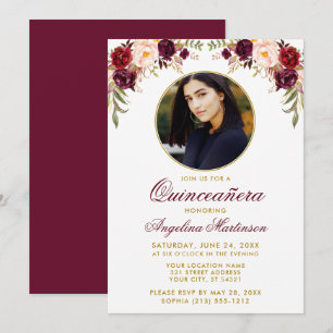Watercolor Burgundy Blommigt Round Ram Quinceanera Inbjudningar