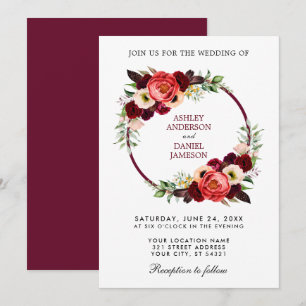 Watercolor Burgundy Blommigt Wandeho Bröllop Inbjudningar