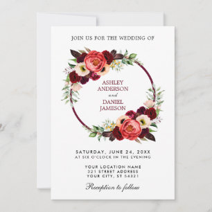 Watercolor Burgundy Blommigt Wandeho Bröllop Inbjudningar