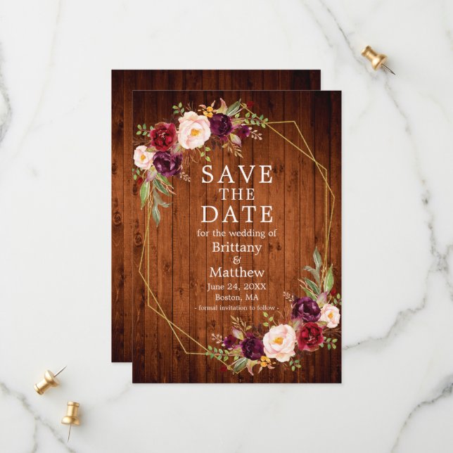 Watercolor Burgundy Blommigt Wood Guld Geo Ram Spara Datumet (Fram/Back In Situ)