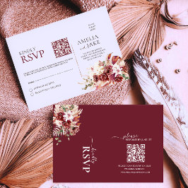 Watercolor Burgundy Blush Gold QR Wedding RSVP OSA Kort